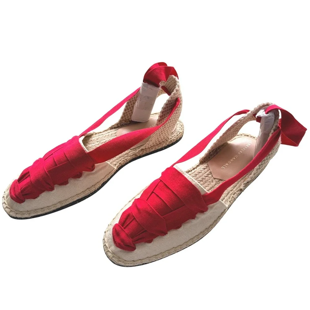 Loeffler Randall Wilson Flat Ankle Wrap Espadrille Natural Red Size 8 NWOB
